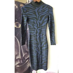 RIVER ISLAND Midi Mock Neck Blue‎ Black Animal Print Long Sleeve Bodycon Dress